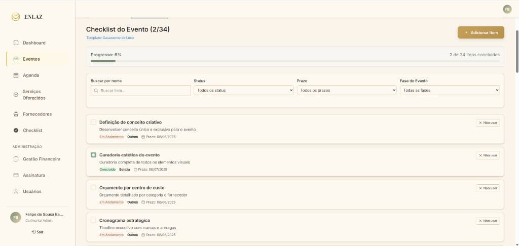Checklist dinâmico com status visual